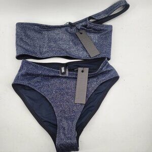 Triangle One-Shoulder Bikini Set in Navy Blue Sparkle Size Large